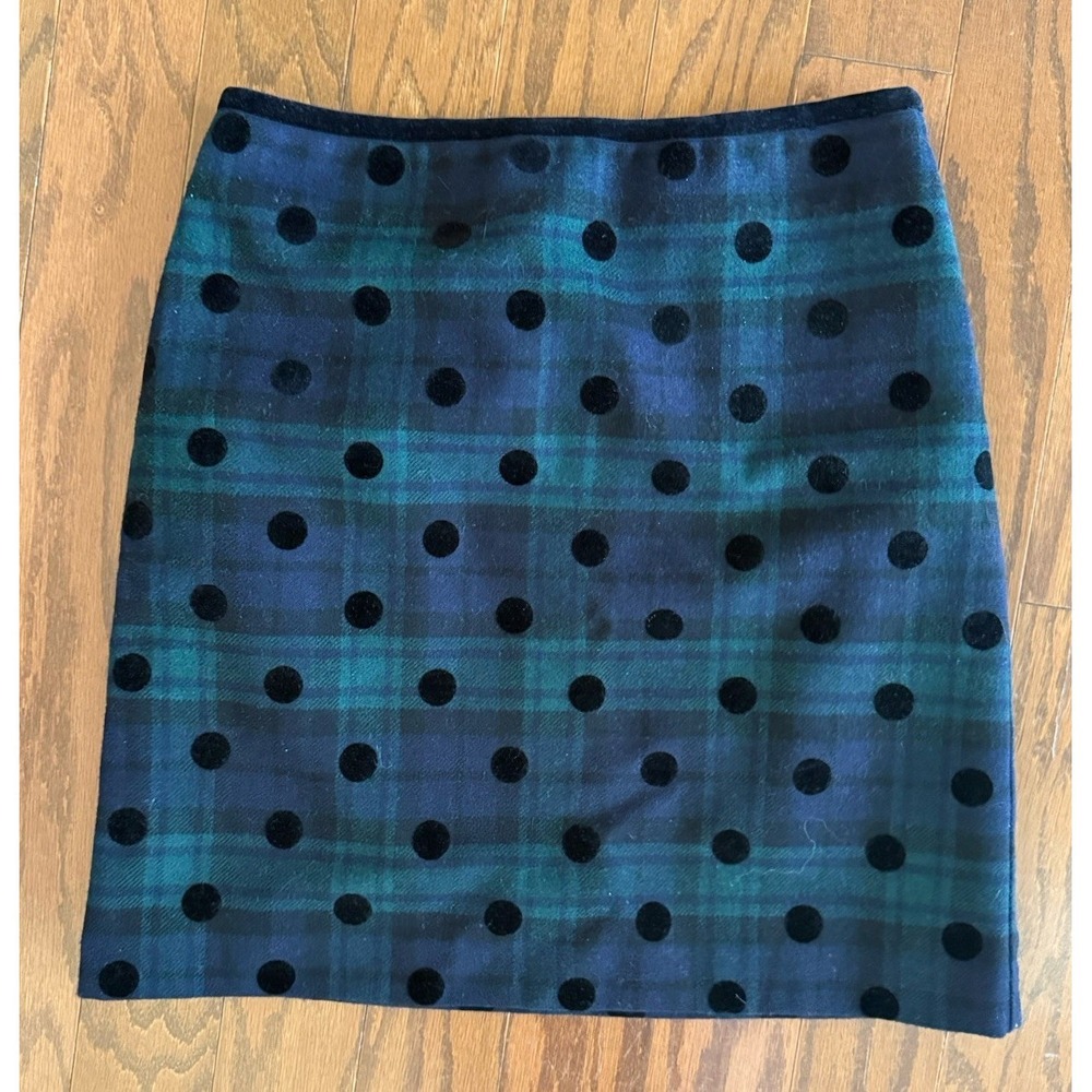 Talbots‎ Navy  Green Plaid A-Line Skirt Sz 2 Petite  53% Wool Lined Black Dots